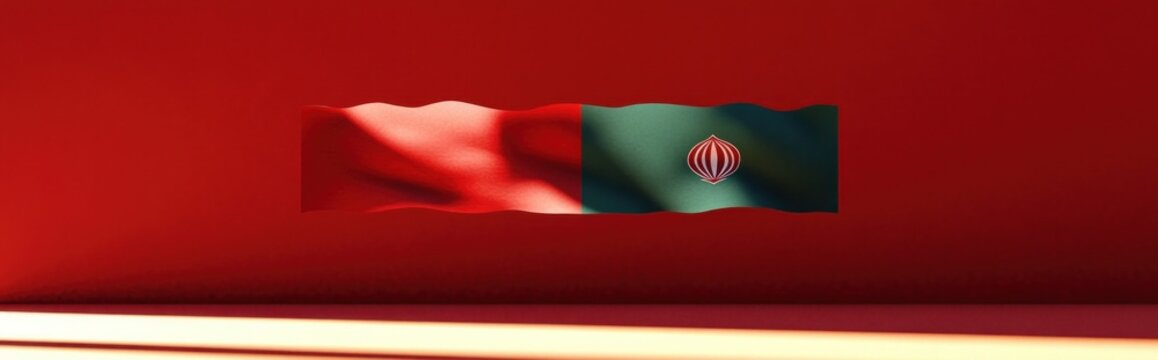 waving two-tone fabric banner split red and dark green with a central stylized circular emblem floating against a deep red minimalist backdrop, dramatic warm lighting, calm mood