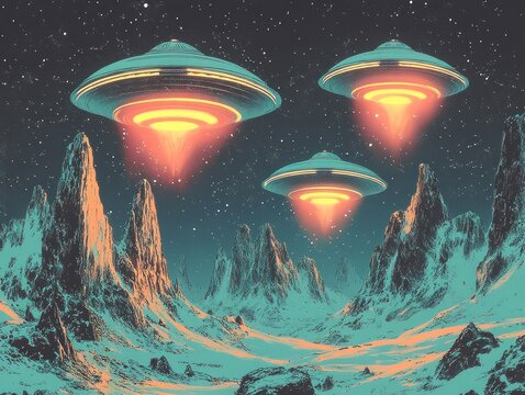 Three glowing flying saucers hover above jagged turquoise mountains, casting warm orange beams across a desolate starry valley, evoking eerie wonder and tense mystery