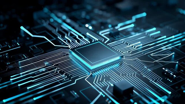 High-tech microchip on a circuit board with glowing lines and modern design