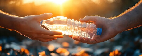 Two hands passing a clear plastic water bottle at golden sunset over a blurred rocky background, warm moment of sharing, care, and connection