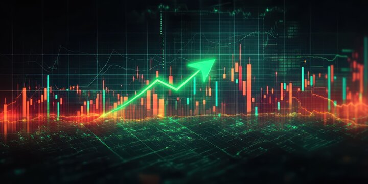 glowing digital stock market candlestick chart with rising neon green arrow conveying bullish momentum and optimistic growth