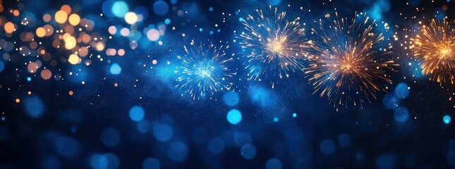 golden and blue fireworks bursting across a deep blue bokeh night sky, sparkling lights and glitter creating a festive, joyful, celebratory atmosphere