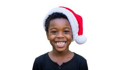 A happy young black boy wearing a santa hat
