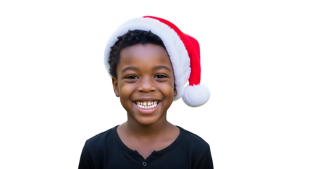 A happy young black boy wearing a santa hat