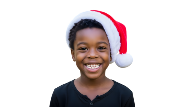 A happy young black boy wearing a santa hat