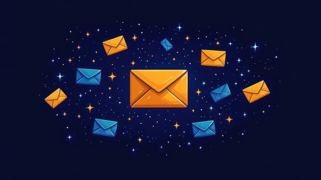 central large orange envelope surrounded by smaller orange and blue envelopes floating among twinkling stars on a dark navy background, playful energetic communication scene