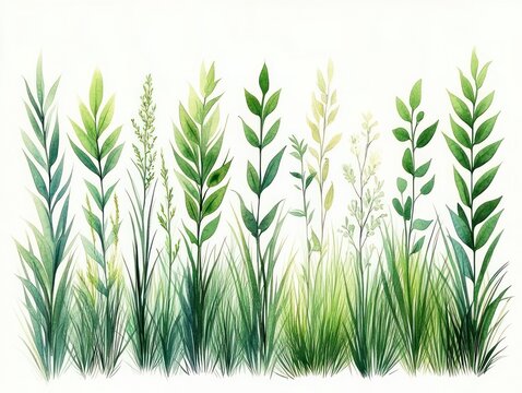 Tall green leafy stems and tufts of wild grasses with delicate seed heads on a pale background, a fresh serene botanical arrangement conveying calm and natural simplicity