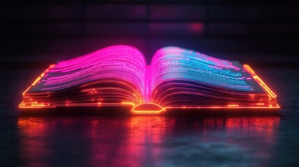 open neon glowing book with pink and blue luminescent pages of streaming digital code on a reflective surface, futuristic and mysterious, evoking awe and curiosity