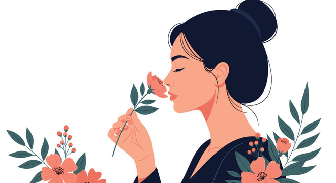 A serene woman with dark hair tied in a bun gently smells a beautiful pink flower held delicately in her hand, surrounded by vibrant foliage.