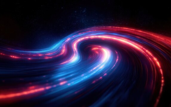 curving neon blue and red light trails with glowing particles arcing through a dark starry background, evoking a dynamic futuristic and energetic motion flow