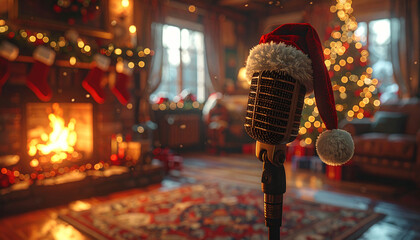 Festive Christmas Karaoke: Vintage Microphone with Santa Hat
