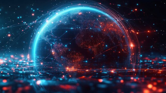 glowing digital earth with arcing data streams and neon blue and red network lights, a futuristic vibrant scene of global connectivity and dynamic technological energy