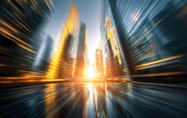 Abstract futuristic cityscape with a dynamic zoom blur effect, looking up towards a bright sun between golden skyscrapers, symbolizing speed and progress. High quality. High quality