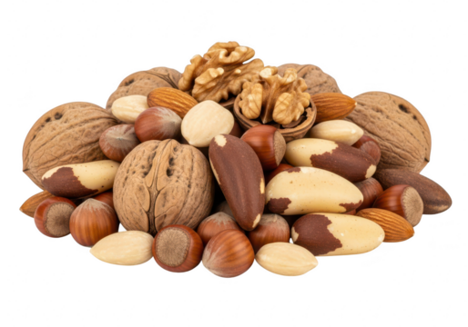 Pile of assorted nuts including walnuts, almonds, hazelnuts, and brazil nuts isolated on transparent background, a healthy snack