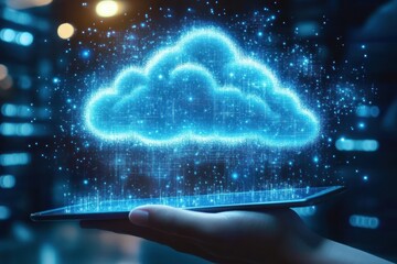Hand holding tablet projecting a glowing blue holographic cloud of streaming data and particles, futuristic digital technology evoking wonder