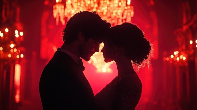 silhouetted couple in formal attire touching foreheads under a glowing chandelier in a red lit ballroom, intimate and romantic atmosphere