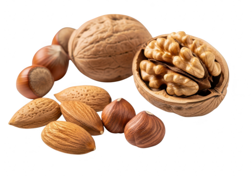 Walnuts, almonds, and hazelnuts isolated on transparent background, a healthy snack, source of protein and fiber for diet