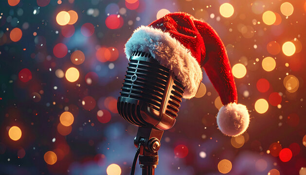 Christmas Caroling: Vintage Microphone with Santa Hat
