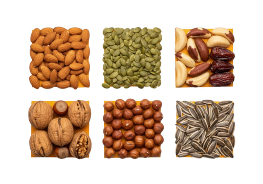 Assortment of nuts and seeds arranged in square shapes isolated on transparent background, including almonds, pumpkin seeds, walnuts, and sunflower seeds