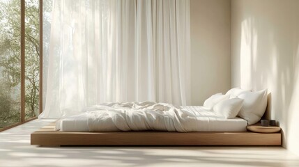 Minimalist sunlit bedroom with low wooden platform bed, rumpled white linens and pillows beside sheer curtains and floor-to-ceiling windows overlooking trees, calm and peaceful