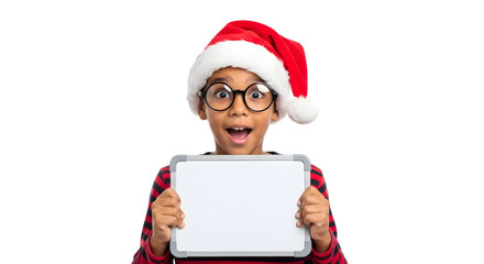 Surprised young boy wearing a santa hat and glasses, holding a blank whiteboard