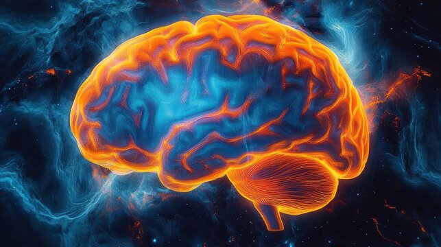 glowing neon human brain with orange outlines and blue inner textures floating in a cosmic nebula, evoking wonder and electric intelligence