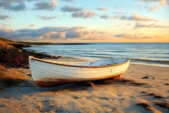 weathered white rowboat resting on sandy beach at sunset with calm sea, gentle waves, clouded sky, grassy shoreline and warm golden light conveying peaceful solitude - Powered by Adobe
