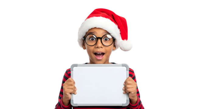 Surprised young boy wearing a santa hat and glasses, holding a blank whiteboard