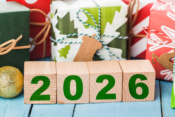 Happy New Year 2026, Christmas 2026, Christmas gifts placed in a festive atmosphere 