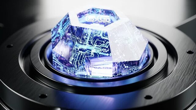 Futuristic technology gemstone circuit glowing metal platform emitting blue light with digital pattern and microchip dome sci fi device conveying