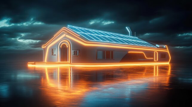Futuristic floating houseboat with glowing orange neon outline and blue solar panels reflecting on calm night water under a stormy sky, serene and mysterious mood