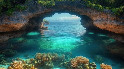 Sunlit natural rock arch framing turquoise ocean and coral reef, clear shallow water, rocky cliffs and lush greenery evoking tranquil tropical serenity
