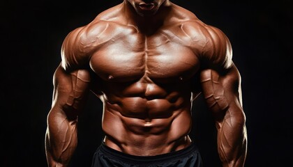 Fototapeta premium Close-up of a muscular male torso with defined chest, six-pack abs, vascular arms and black shorts against a dark background, dramatic lighting conveying power and intensity