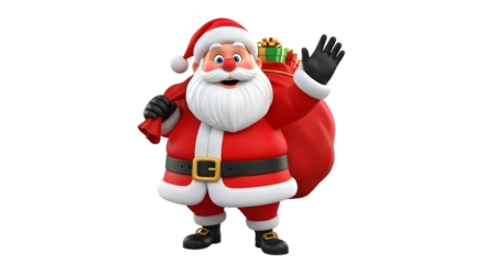 Santa claus waving hello with a sack full of gifts