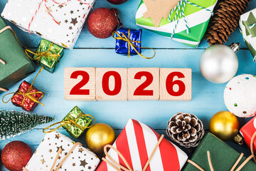 Happy New Year 2026, Christmas 2026, Christmas gifts placed in a festive atmosphere 