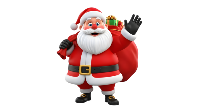 Santa claus waving hello with a sack full of gifts