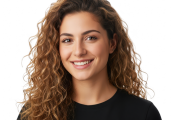 Portrait of a beautiful young woman with curly hair smiling at the camera isolated on transparent background head and shoulders shot