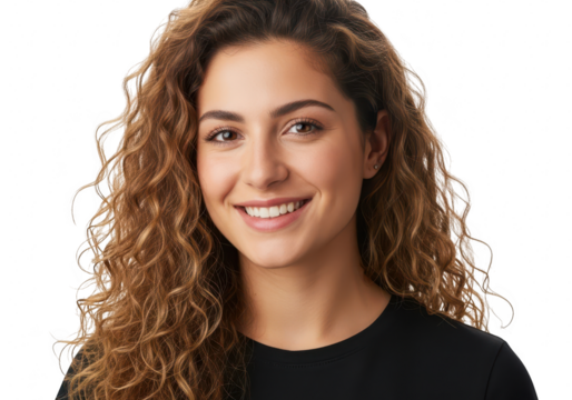 Portrait of a beautiful young woman with curly hair smiling at the camera isolated on transparent background head and shoulders shot - Powered by Adobe