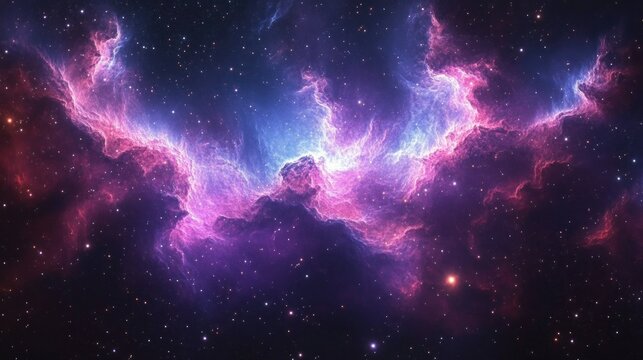 Vibrant purple and blue nebula with glowing central light and scattered stars, ethereal cosmic clouds evoking awe and wonder