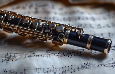 Close-up of a polished black clarinet with gold keys resting on vintage sheet music, warm nostalgic mood