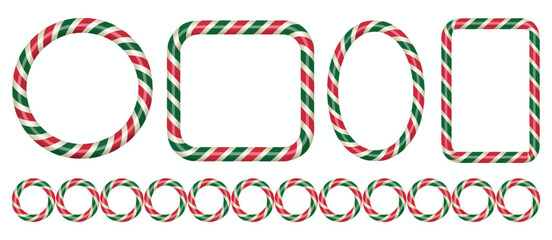 Candy cane border square circle oval Christmas frames striped lollipop pattern festive vector illustration