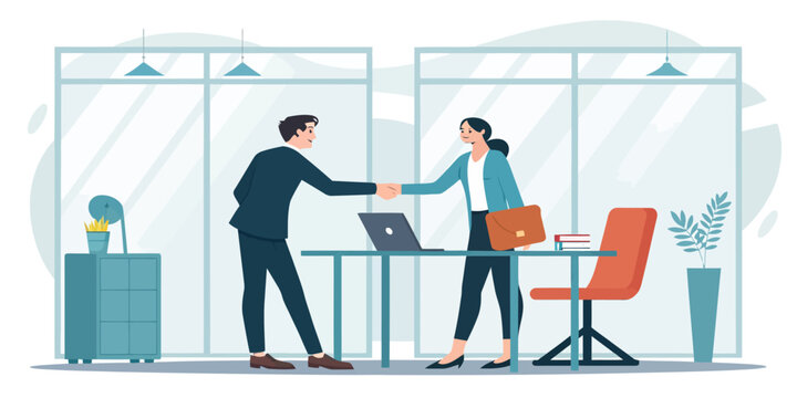 Business deal success handshake in modern office setting, showcasing teamwork and partnership, celebrating collaboration and agreement for corporate growth