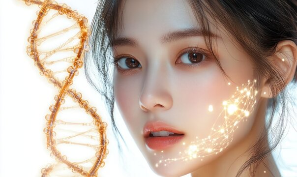 golden dna double helix beside a human ear and dark hair, glowing light particles create a luminous, curious and futuristic scientific mood - Powered by Adobe