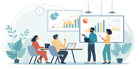 Dynamic team presenting financial data charts, collaborative office meeting, modern business strategy, teamwork and growth, data-driven decisions, insights