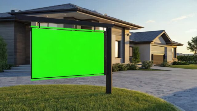 Luxury house with green screen sign for real estate advertising, perfect for property marketing videos and showcasing new listings or developments