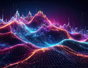 Digital landscape with vibrant neon colors and data visualization