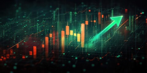 glowing neon candlestick chart and green upward arrow on a digital grid conveying dynamic market growth and optimistic momentum