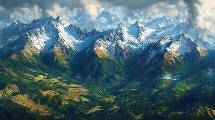 aerial panoramic view of a majestic snow-covered jagged mountain range above forested valleys and sunlit meadows, evoking awe and serene grandeur