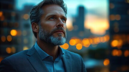 man in suit on rooftop balcony overlooking city skyline at sunset with warm bokeh lights, contemplative and reflective mood