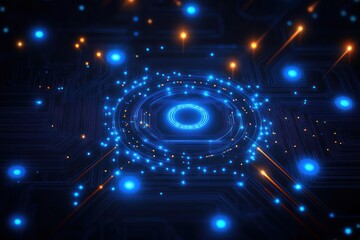 glowing blue digital circuit core with concentric rings, orbiting light nodes and orange sparks, futuristic high-tech energy hub conveying dynamic vibrant energized mood
